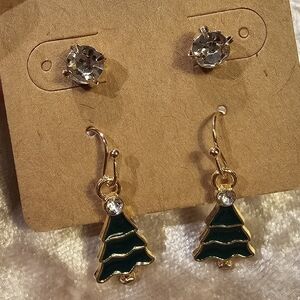 Gold and Green Christmas Tree Earrings Set